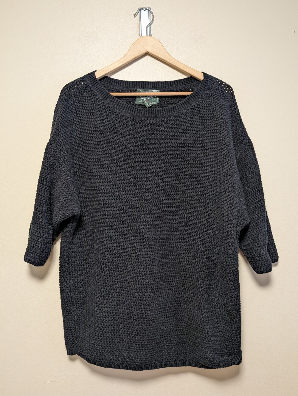 Woolrich Women’s Large Black Open Knit Cotton Sweater Tunic 3/4 Sleeve